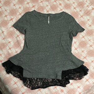 FP Movement by Free People Gray Top with Black Lace Hem
